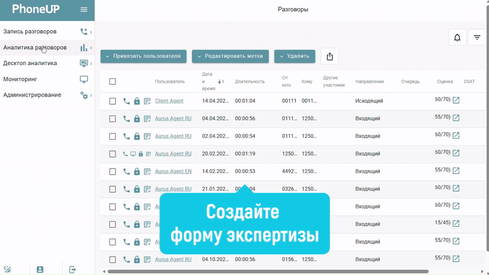 Настройка формы экспертизы и запуск анализа в PhoneUP